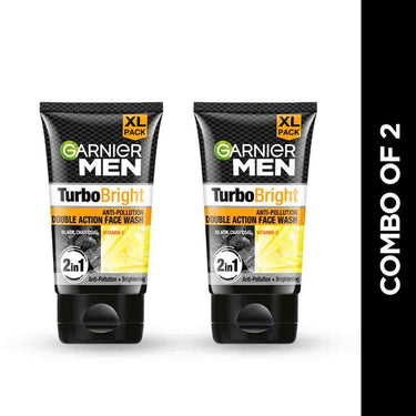 Garnier Men Turbo Bright Double Action Face Wash, Deep Cleansing Anti Pollution Face Wash with Charcoal and Vitamin C, Suitable for all Skin Types, 150g x2 (Pack of 2)